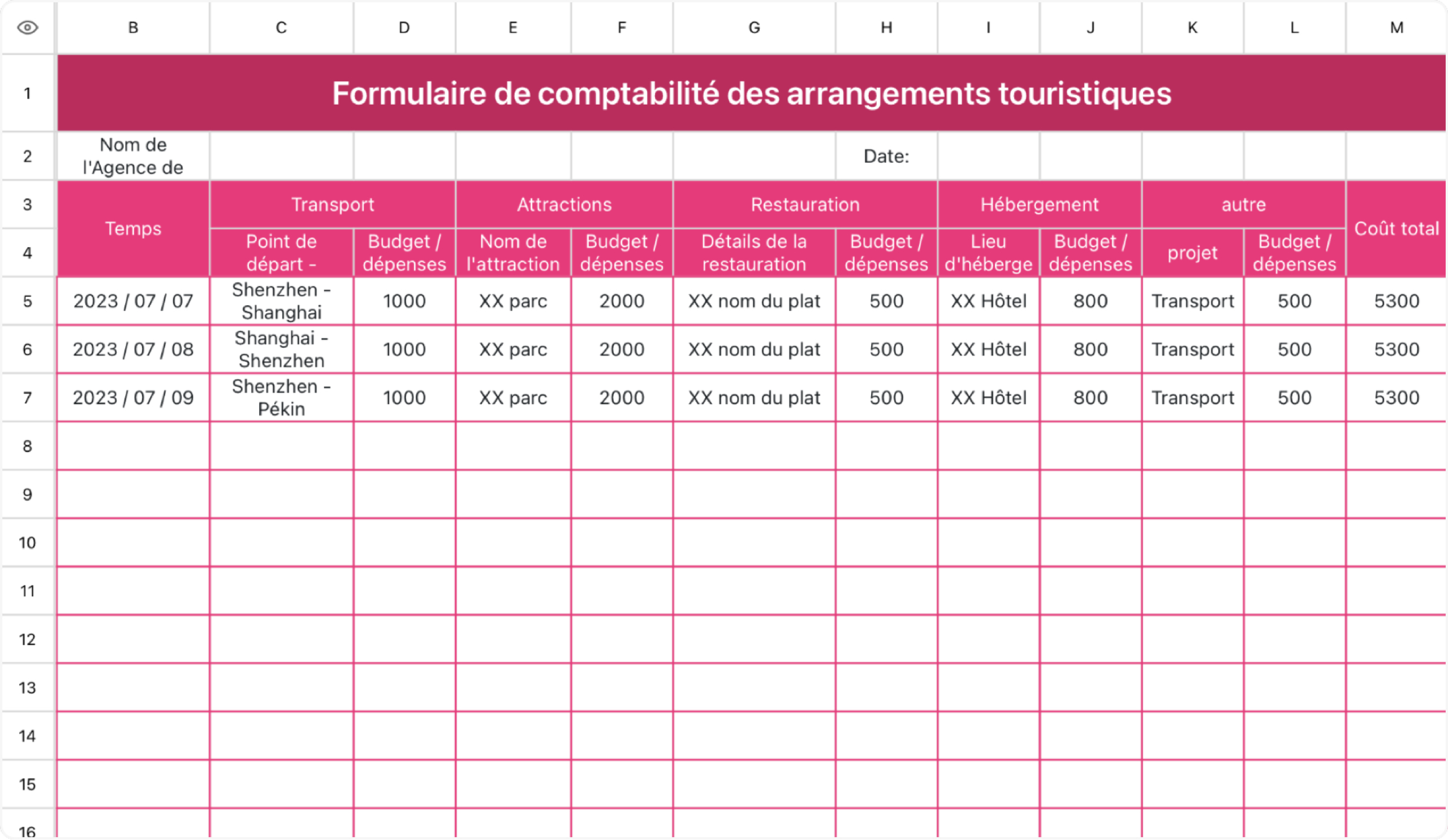 Formulaire de comptabilité des arrangements touristiques